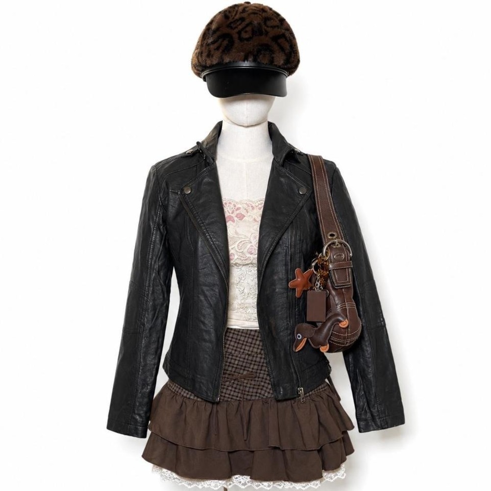 y2k black genuine leather biker jacket